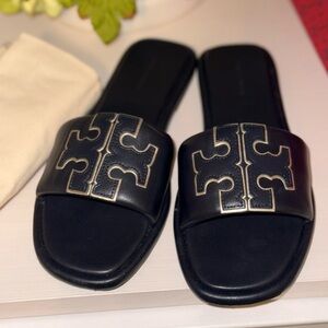 Tory Burch Double T Slides Size 7.5 Navy Blue / Gold